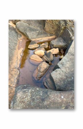 A small pool of water is surrounded by rocks
