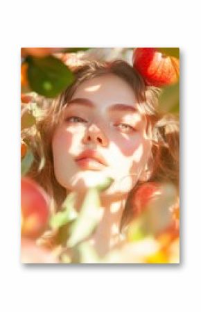 Young woman surrounded by ripe apples in an orchard during golden hour with soft sunlight filtering through leaves