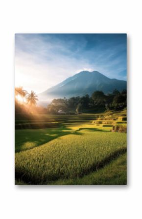 breathtaking landscape featuring lush green rice terraces illuminated by golden sunlight, with majestic mountain in background. scene evokes tranquility and natural beauty