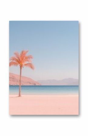 Lone Palm Tree on Pink Sand Beach with Clear Blue Ocean and Sky
