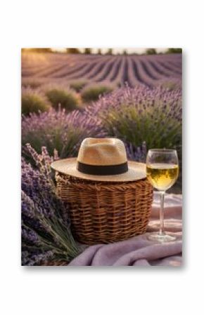 Golden hour in a lavender field with a straw hat and glass of wine on a picnic basket