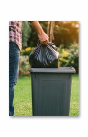 Homeowner throwing a black garbage bag into a gray trash can in a green backyard, promoting responsible waste management and eco conscious living