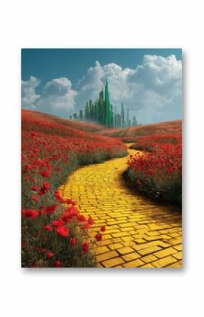 A stunning image of stunning image of stunning image of yellow brick road leading through poppy field to green emerald city in the distance. Wizard of Oz concept.