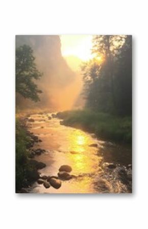 Sunrise over a River in a Forest Gorge