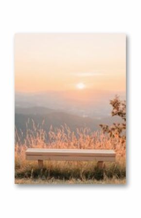 Wooden Bench on Hilltop at Sunset with Panoramic View