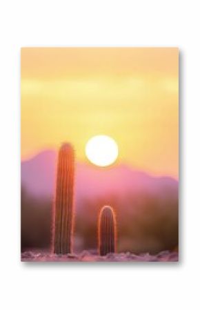 Two Cacti Silhouetted Against a Sunset Mesa