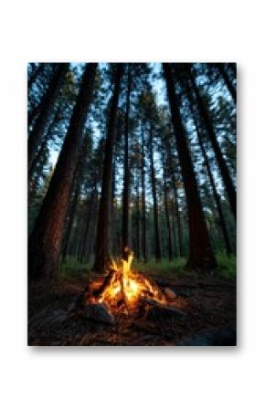 Campfire burning bright in a serene forest at dusk