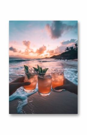 Toasting tropical cocktails at sunset on a beach vacation first person view of hand holding drinks in paradise