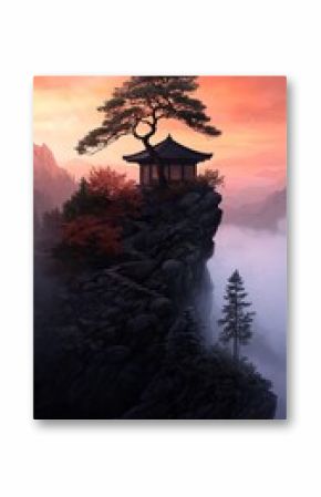 Serene Sunset Mountain Temple with Fog and Trees
