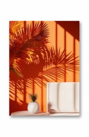 Soft Pastel Home Interior with Palm Plant and Sunlight Shadows