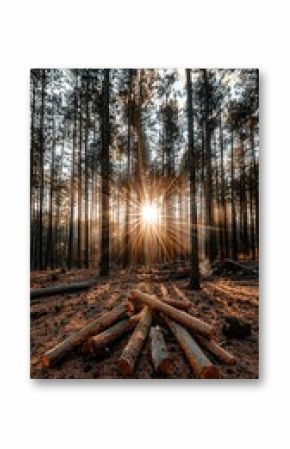 Sunrise Rays in Pine Forest Clearing with Logs