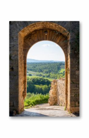 Scenic view of the countryside at Porta San Giovanni, St John's Gate, in the small medieval town of Monteriggioni, Southern Tuscany, Italy.