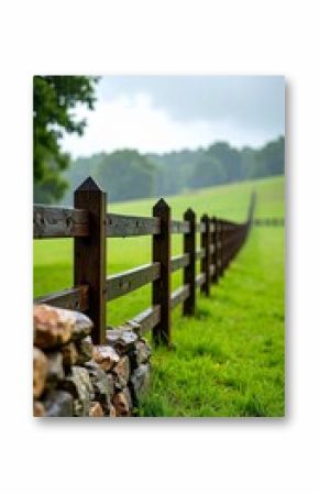 Wooden fence stretching across a green field during rainfall