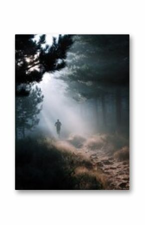 Trail runner moving through a misty pine forest in the morning