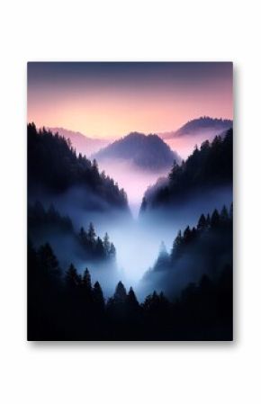 Grayscale Mountain Valley Fog Soft Pastel Sunrise
