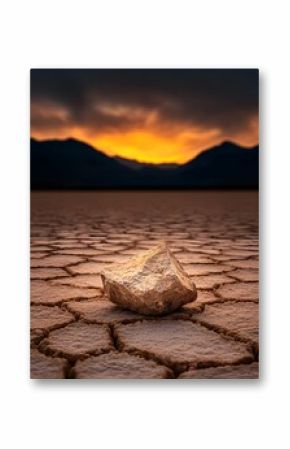 Single Rock on Cracked Salt Flat at Sunset