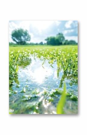 Bright Sunlight on a Lush Green Wetland with Cloud Reflections