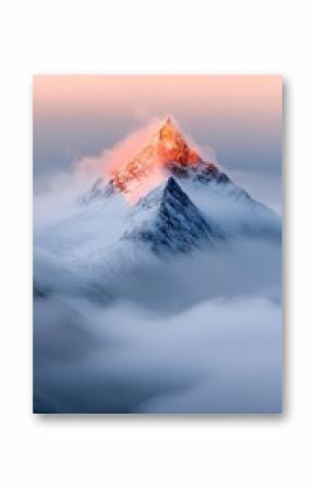 Snowy Mountain Peaks Emerging from Swirling Clouds at Sunrise
