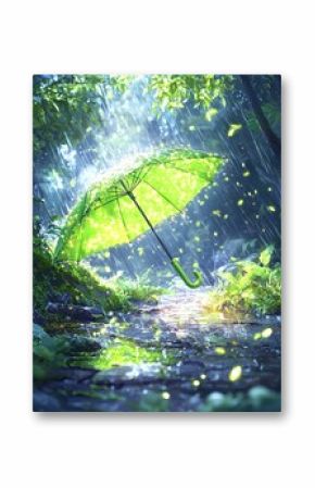 Luminous Green Umbrella In A Firefly Rain Forest