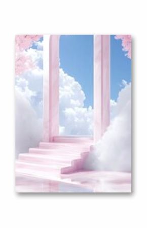 Pastel Pink Archway and Stairs Leading to a Cloudy Sky