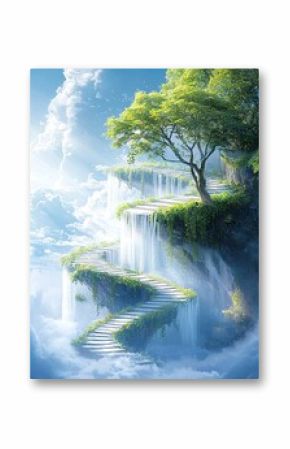 Painterly Fantasy Landscape with Waterfall and Staircase to Heaven