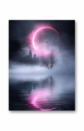 Pink Neon City Skyline at Night with Fog and a Solitary Tree