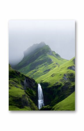 Lush Green Mountain with Waterfall Landscape Isolated On White Background