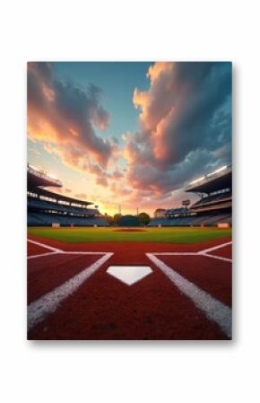 Baseball stadium at sunset. Home plate in focus, vast sky, ready game start. Dramatic sky, ballpark, baseball field, empty stadium, anticipation, sport event.