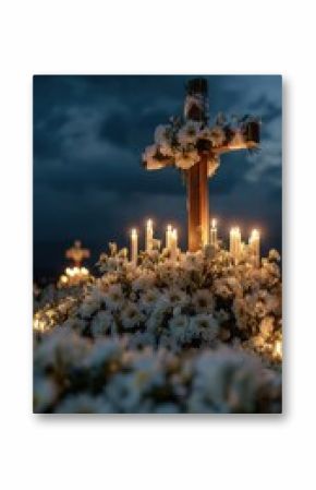 Concept photo of the cross and candles being carried on a raised platform, adorned with fresh white flowers and dd in fabric as it stands out against the dark sky, a symbol of hope