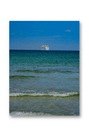 Cruise ship on the ocean. Luxury liner at sea. Miami Beach with cruise ship. Sea water and cruise liner. Tourist cruise ship near coast. Ocean waves and vessel boat. Summer dream vacation. Boat trip.
