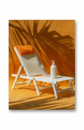 White and orange cushion beach chair with a bottle of sunscreen, low angle angle shot, sunscreen commercial poster style, sunscreen lotion commercial photography, minimalist