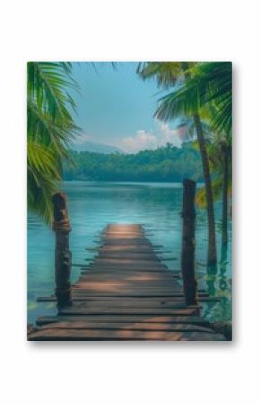 A picturesque view of a wooden pier extending into calm waters, framed by lush tropical trees all around