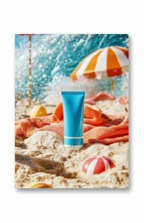 Bright blue sunscreen tube placed on sandy beach with colorful umbrellas and ocean waves in the background during a sunny day