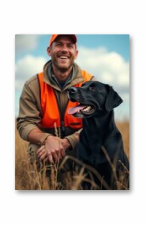 Joyful hunter with loyal black dog in golden field