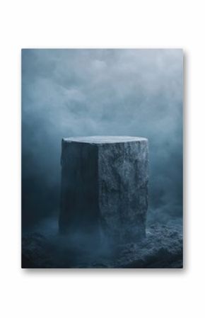 Gray stone pedestal, misty backdrop