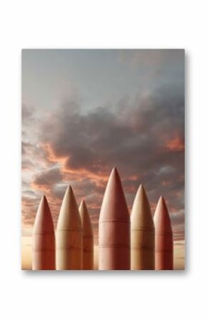 Military Warheads Targeting Sky at Dusk with Dramatic Cloudscape Symbolizing Global Security and Geopolitical Defense Readiness in Modern Defense Industry