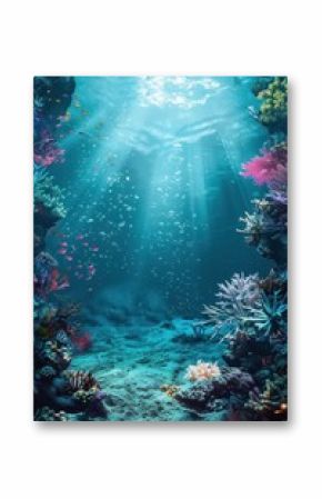Underwater paradise in coral reef for world oceans day celebration. Watercolor illustration. Vertical banner. Copy space. World Wildlife Day. World Animal Day. Reef Day