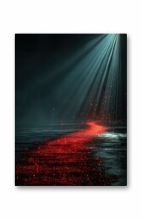 Light beams illuminate a shimmering red pathway across a dark reflective surface at twilight