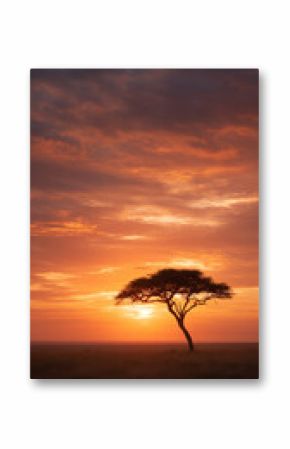 サバンナの夕焼けに浮かぶ一本の木 