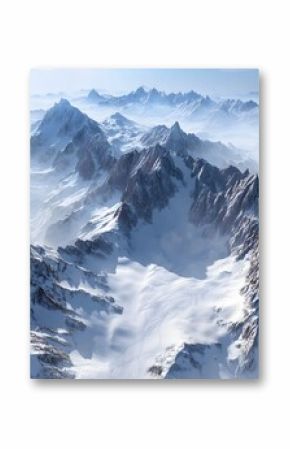 Aerial view of snow-covered rocky mountains with deep valleys and ski tracks