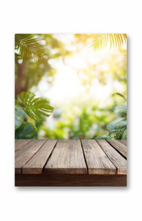 empty wooden table on green grass background
