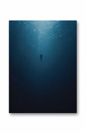 A person falling alone into the deep ocean, surrounded by endless dark blue water, faint light streaming from the surface above.