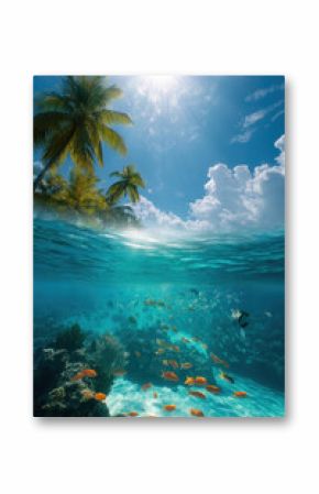 Stunning landscape of a tropical island with lush green vegetation, white sand beach, and fish in turquoise waters, showcasing the beauty of both above and below the ocean surface.
