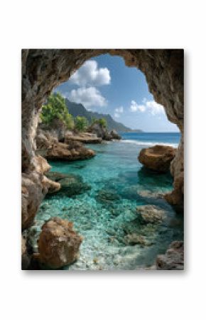 Scenic coastal cave view overlooking turquoise ocean waters and lush tropical island landscape