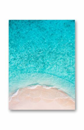 Aerial drone view of pristine tropical beach with soft white sand turquoise calm sea gentle waves bright sunny sky and lush green coastline perfect summer vacation tropical paradise travel destination