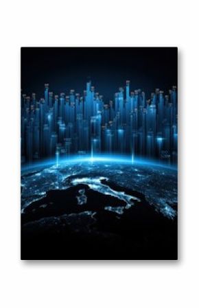 Global Data Visualization Over Europe at Night, Representing International Business and Digital Transformation With a Futuristic Feel : Generative AI