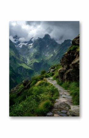 A charming hiking trail winds through majestic mountains, leading into the wilderness, surrounded by stunning cliffs that showcase nature’s beauty and grandeur.