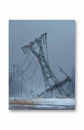 Toppled overhead downed power lines. electricity pylon high-voltage power lines were damaged by the storm, wind storm