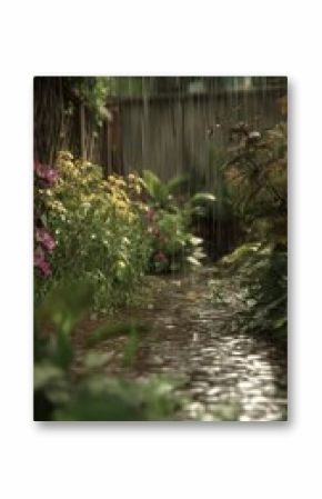 Rainfall over a garden with lush plants and a waterlogged ground