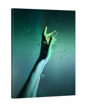 A Captivating Underwater Scene Featuring a Hand Reaching Upward Surrounded by Bubbles and a Gradient of Light Creating a Mysterious and Ethereal Atmosphere